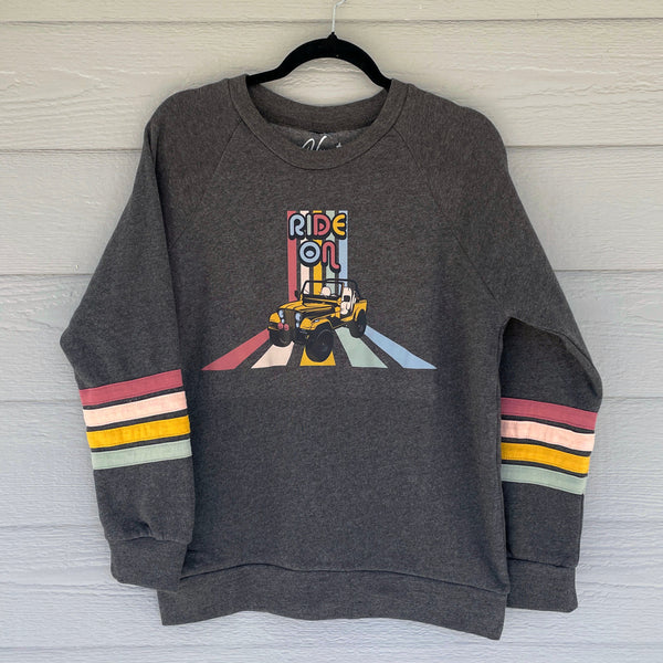 Ride On Striped Sleeve Crewneck Fleece