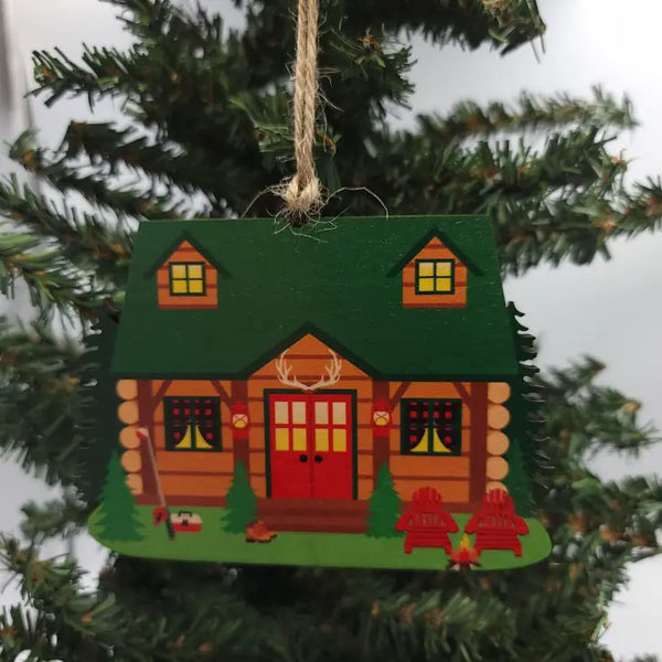 Vintage Log Cabin Wooden Christmas Ornament