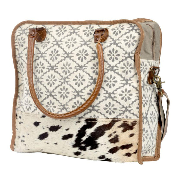 Cowhide Mixed Fabric Tote with Strap