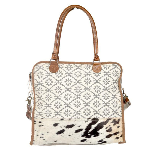 Cowhide Mixed Fabric Tote with Strap