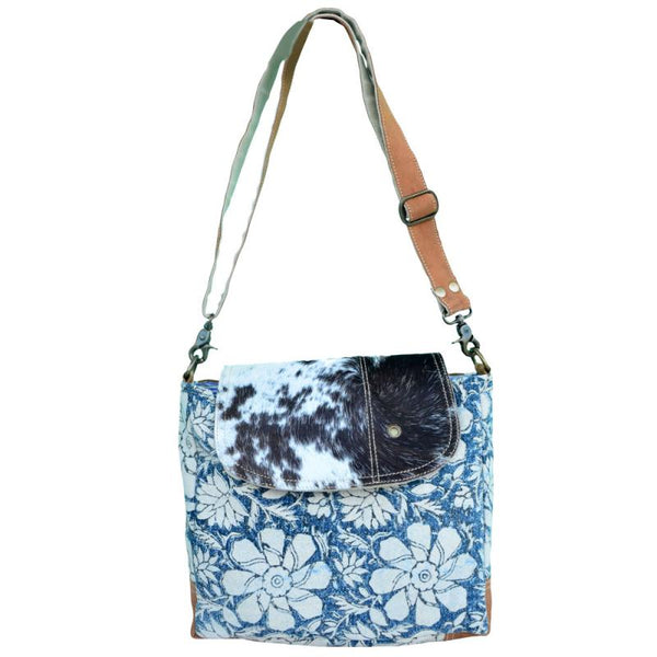 Blue Canvas Flowers Fur Shoulder Bag