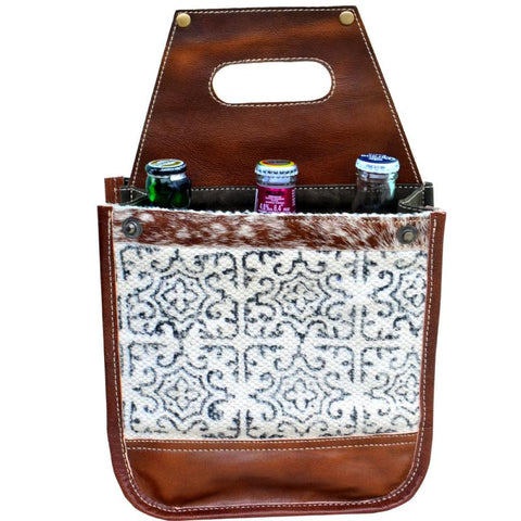 White Pattern & Cow Hide Bottle 6 Pack Canvas Tote